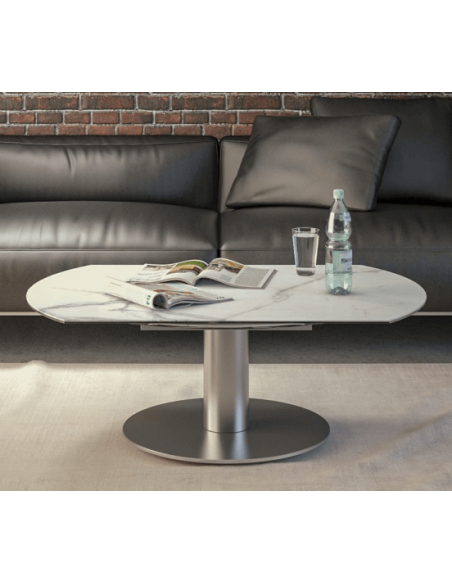 UNA - Table basse extensible plateau céramique pied acier métal inox