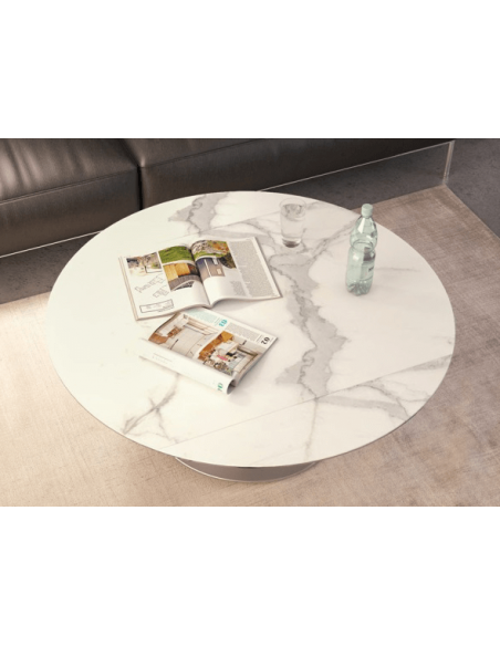 UNA - Table basse extensible plateau céramique pied acier métal inox