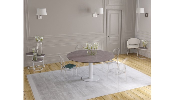 UNA - Table de repas extensible deux allonges intégrées pied central acier laqué blanc